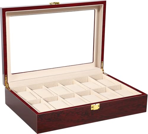 Uhrenbox mit 12 Fächern, Uhrenkasten aus Massivholz, mit Glasdeckel, Uhrenkoffer mit herausnehmbaren Uhrenkissen