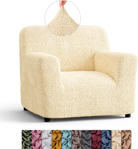 Image of Bellissima Sofa Covers - Premium Luxury Microfibra Plain Stretchable Sofa Cover Single Seater Fully Covered Slipcover, Imported from Italy (Vanilla)