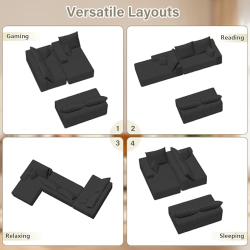 Image of 166.9 inch Cloud Sectional Couch with L-Shape Chaise, Modern Modular Comfy Sofa Chaise Longue, Upholstered Corduroy Couches Sleeper with Deep Seat for Living Room Bedroom, No Assembly Required, Black
