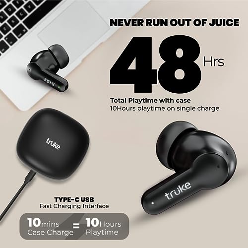 truke Buds S2 Lite True Wireless Made in India Earbuds with MEMS Quad-Mic ENC, 48H Playtime, 10mm Real Titanium Speaker, Gaming Mode, Type-C Fast Charge, AAC Codec, BT 5.1, IPX4 (Red Black)