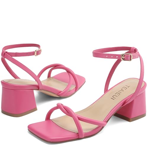 Image of TEAIEUI Chunky Heels for Women, Square Open Toe Heeled Sandals, Strappy Ankle Strap Shoes for Dress, Party, Prom, Block Low Heel 2 inch