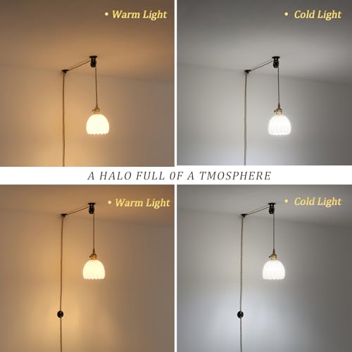 Image of Shenmoyl Plug in Pendant Light Hanging Light Fixture Corded On /Off Switch Brass Pendant Light with White Tulip Glass Lampshade for Bedroom Living Room Kitchen Island