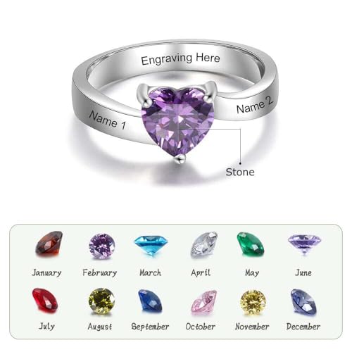 Sterling Silver Promise Ring For Her, Solitaire Big Heart Birthstone Ring for Women, Engraved Customized Personalized Sizes 5-113