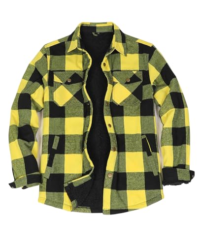 ZENTHACE Herren Herbst Shacket Flanelljacke Sherpa Fleece gefüttert Druckknopf hoch kariertes Flanellhemd warme Mantel gelb und schwarz L