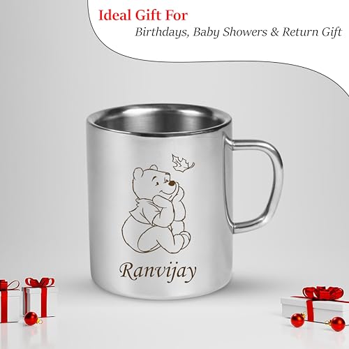 Image of SAVRI Personalized Stainless Steel Mug for Kids with Customized Name Engraved & Cartoon Design | 220 ml Double Wall Insulated Mug for School, Milk, Juice & Water (Pooh)