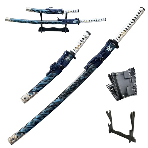 2pc Japanese Ghost of Tsushima Cosplay Replica Sword Sharp Real Sword Hand-Forged 1045 Steel Katana Set with Display Stand and Belt,Jin Sakai‌‌ Katana,for...