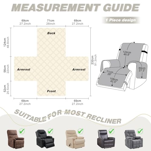 Image of TAOCOCO 100% Waterproof Recliner Covers, Recliner Sofa Covers with Leg Straps, Reversible Recliner Couch Cover for Reclining Chair, Washable Couch Protector for Pets Kids(1 Seater 28 inch, Off White)