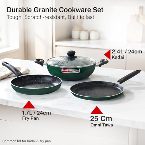 Prestige Omega Granite Non-Stick 3 Pc Cookware Set with Glass Lid | 5-Layer Coating | Gas & Induction Compatible | Omni Tawa 25cm | Fry Pan 24cm |... - Image 4