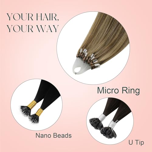 Image of Easyouth 18 Inch Micro Loop Hair Extension Real Human Hair Brown, Invisible | Micro Hair Extensions Human Hair Highlight, Medium Brown with Caramel Blonde, 57g 50s, for Everyday Wear, for Women, Natural