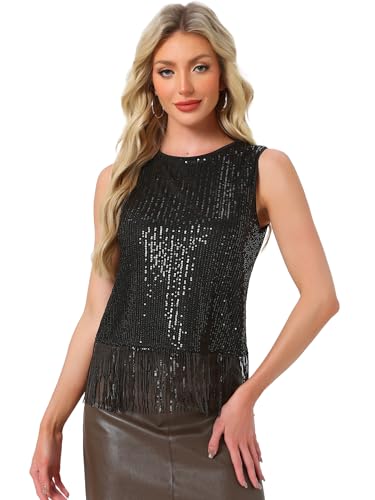 Image of Allegra K Women Sequin Fringe Sleeveless Crop Tank Tops Party Night Out