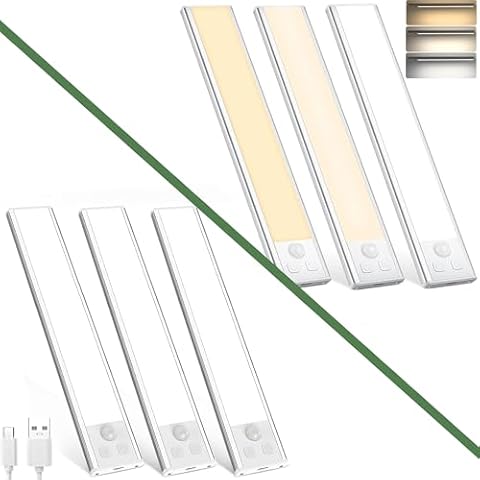 DEALGADGETS 3pcs 8.07" 32 LED 3 Color & 3pcs 8.07" 32 LED Cold White Rechargeable Under Cabinet Lighting, Motion Sensor LED Lights for Kitchen, Counter, Closet, Stairs Cover
