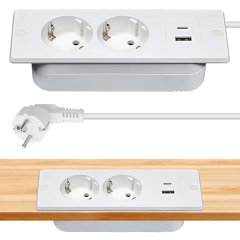 GAOUTO Blat wpuszczany, blat stołu z 2 gniazdami USB C, 2 gniazda do zabudowy z kablem 1,5 m, wpuszczana listwa zasilająca do stołu konferencyjnego, blatu roboczego (biała)
