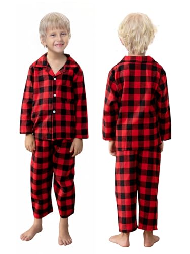Schbbbta Kids Plaid Pajamas Set, Girls Boys 2 Pcs Pajamas Set Long Sleeve Sleepwear Button Down Pjs Red Black3