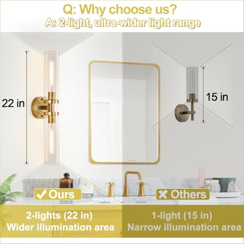 Image of Wall Sconces Set of Two, Hardwired Brushed Gold Bathroom Sconces Wall Lighting with Clear Glass, Modern Sconces Wall Decor Set of 2 Bathroom Light fixtures for Mirror Hallway (Bulbs Not Included)