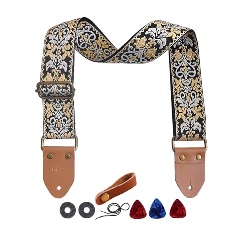 Farcaya - Correa de guitarra bordada con flores ajustable para el hombro con botón de bloqueo de 2...