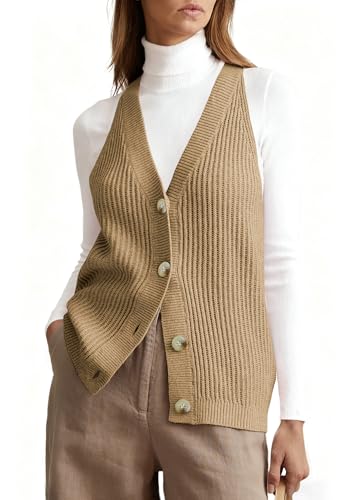 Image of Women Button Front Sweater Vest Sleeveless Cardigan Vest Knit Button Down Sweater Tank Top Brown M