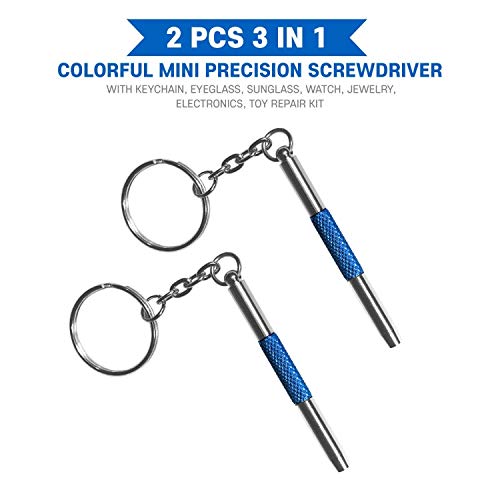 2PCS 3 in 1 Colorful Mini Precision Screwdriver with Keychain-Eyeglass, Sunglass, Watch, Jewelry, Electronics, Toy Repair Kit (Blue)