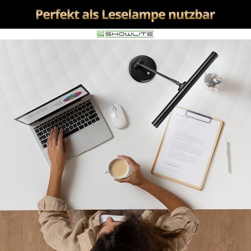 Showlite PL-1-BK-KW LED Klavierleuchte - Klavierlampe mit 15 LEDs - kaltweißes Licht in 2 Stufen - 36 cm Höhe - Betrieb per USB, Netzstrom oder Batterie - schwarz