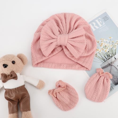 Image of AQOKKA Baby Swaddle Blankets with Bow Hat Mittens Set Wheat-Pattern Infant Receiving Blankets Swaddles for Newborns Unisex Toddler Swaddle Wrap Sets for Baby Girls Boys Nursery Warm Shower Gift