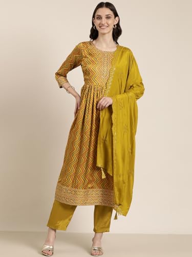 Image of SHOWOFFFF Women Printed Three-Piece A-Line Ethnic Kurta Set | Round Neck 3 /4th Sleeves Satin Kurta Set's for Womens | Mid-Rise Lime Regular Fit Calf Length Kurta Set for Women's
