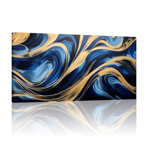 Tableau abstrait bleu et or 60x123cm encadré pour décoration de cuisine moderne