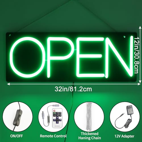 Image of Open Signs for Business 12V /2A Ultra Bright LED Neon Open Sign Lighted Open Sign Electric Light Up Open Sign for Business Storefront Window Glass Door Retail Shop Store Bar Salon Restaurant (Green, 32 Inch)