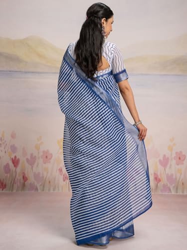 Image of Satrani Women's Linen Printed Ready To Wear Saree with Unstitched Blouse Piece