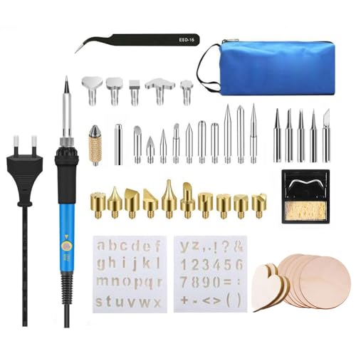 43pcs Kit Pirograbador de Madera, Kit del Soldador, 60W Temperatura Regulable 200 450℃, Soldador Pirografo Electrico Profesional Para Madera, Corcho grabado (Soldador azul)