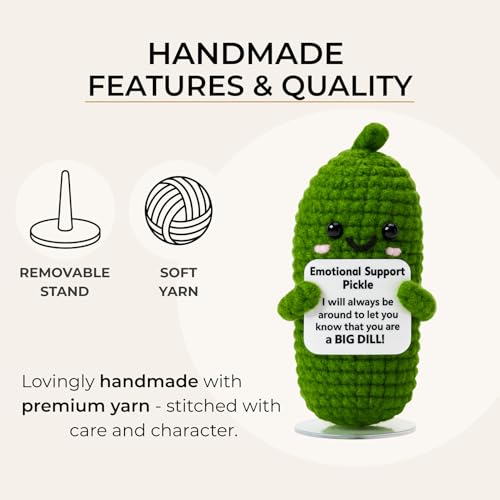 Image of Emotional Support Pickle Plush with Stand, Positive Pickle Crochet Gift, Funny Stuffed Pickle, Handmade Encouragement Desk Decor, Cute Support Gift for Friends Coworkers Mom