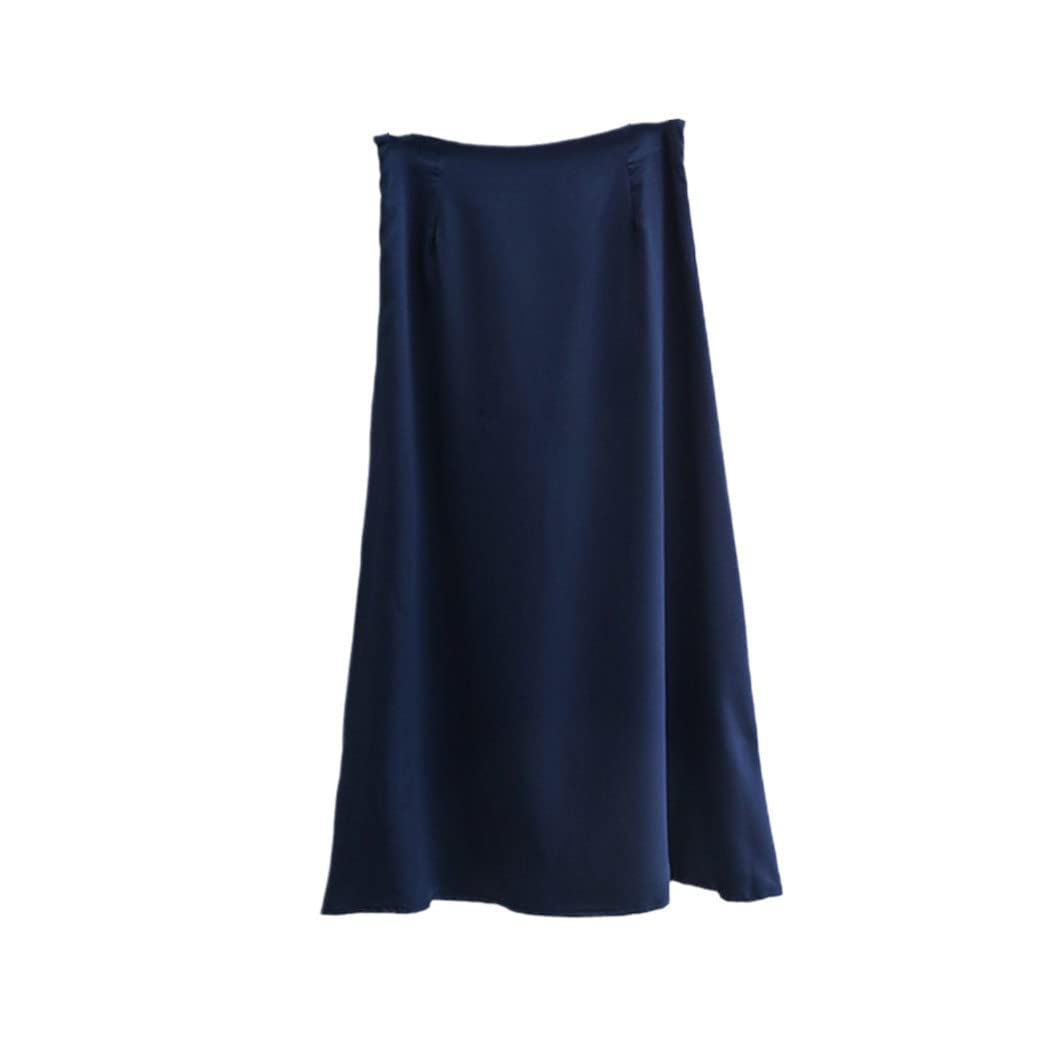 FULBHPRINT Jupe longue vintage coréenne en satin pour femme - Taille haute - Pour bureau, automne, Dark Blue, 40