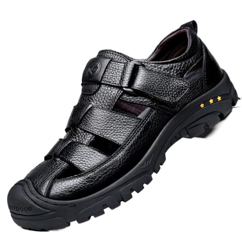 MILDSEVEN Men's Fashion Outdoor Hiking Sandals, Closed Toe Business Sandals, Real Leather Sports Beach Shoes,6.5,Black