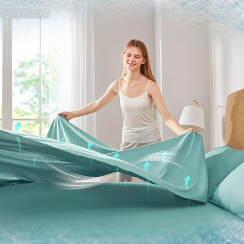 Comfort Spaces Queen Cooling Sheets, Moisture Wicking Coolmax Sheets, Soft, Colorfast Sheet Set, Cooling Bed Sheets For Hot Sleepers, Elastic Deep Pocket Fits Up to 16" Mattress, Queen Aqua 4 Piece