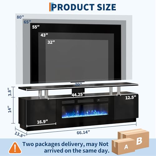 Led Fireplace TV Stand 70Inch, Modern Electric Fireplace TV Stand with Cabinets, 2 Tier TVStand with 36" Fireplaces, Entertainment Center with Fireplaces for TVs Up to 80 - Image 3