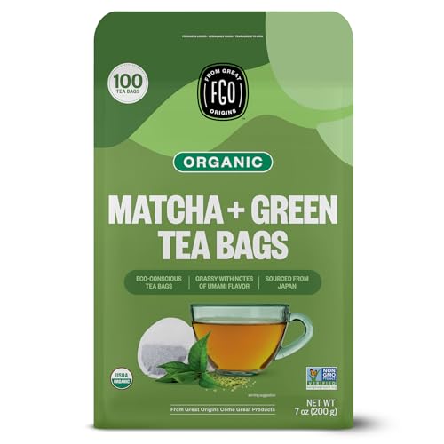 FGO Organic Japanese Matcha + Green Tea, 100 Count, Eco-Conscious Tea Bags, Resealable Bag, Packaging May Vary (Pack of 1)
