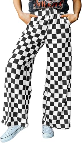 Womens Casual Checkered Pants Elastic Waist Street Comfy Loose Wide Leg Pants with Pockets