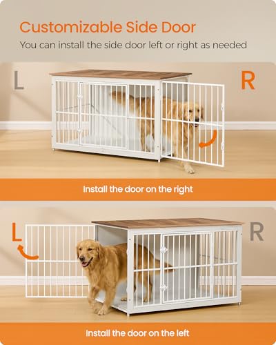 Image of Feandrea Wooden Dog Crate Furniture, 48 Inches Heavy-Duty Kennel for Dogs up to 110 lb, with Double Doors and Enclosed Wood Base, Modern Pet Cage End Table Indoor, Rustic White and Honey Brown