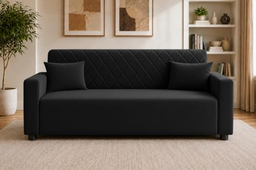 Image of Rosebell 3 Seater Wooden Sofa for Living Room, Modern Fabric Upholstered Sofa with Quilted Backrest, Cushioned Seating, Padded Armrests & Sturdy Wooden Frame - Black