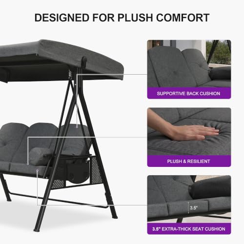 Image of PURPLE LEAF 3-Seat Porch Swing Outdoor w /Cushion & Adjustable Canopy, Gray