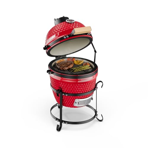 Klarstein Kamado Grill Barbecue en céramique (Slowcooking, grillades, thermomètre intégré, cuisson entre 50° et 425°C, faible consommation de charbon) - rouge