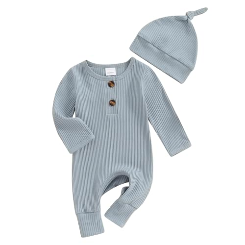 Infant Boys Girls Clothes Set Newborn Baby Romper Hat Ribbed Knit Long Sleeve Button Solid Bodysuit Jumpsuit (Grey-blue, Newborn)