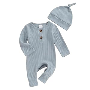 Infant Boys Girls Clothes Set Newborn Baby Romper Hat Ribbed Knit Long Sleeve Button Solid Bodysuit Jumpsuit