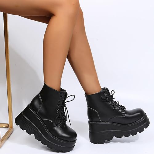 GUNIYIFS Womens Platform Boots Goth Combat Boots Punk Leather Gothic Boots for Women Mid Calf Ankle Booties Chunky Shoes4