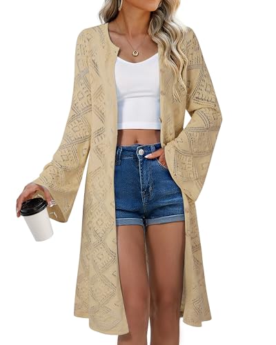 Women's Summer Lightweight Open Front Long Cardigans Crochet Knit Bell Sleeve Button Hollow Out Beach Cover Ups3