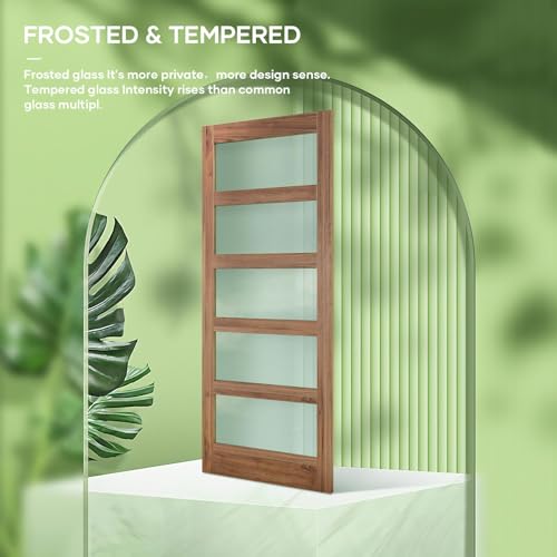FREDBECK 36 x 84 inch Glass Barn Door with 6.6FT Barn Door Hardware Kit & Handle Included,5-Panel Frosted Glass, Water-Proof Surface,Pre-Drilled Holes,Need Assembly