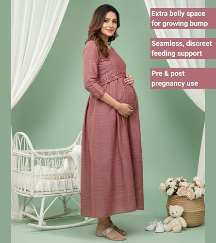 Image of DUMMY SHAPE Maternity Gown for Women | Floral Anarkali Flare Kurta with Dual Nursing Zippers | Pregnancy & Breastfeeding | Feeding Kurtis | Baby Shower | Mom to Be Gifts for Pregnant Woman Maroon