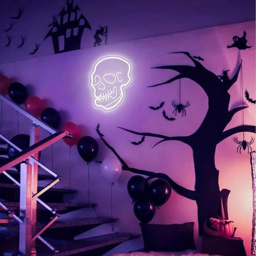 Image of ENUOLI Skull Neon Sign, White Ghost Dimmable LED Night Light, USB Powered, 10.24 inch x 13 inch Wall Decor for Bedroom, Halloween, Man Cave, Game Room