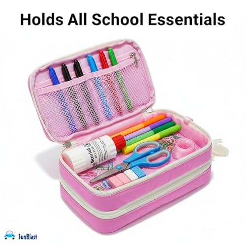Image of FunBlast Pencil Pouch for Girls - Aesthetic Multi-Compartment Zipper Pouch with Drawstring Pocket, Cute Kawaii Pencil Case, Stylish Stationery Pouch, Return Gift for Kids & School Use (PinkB)