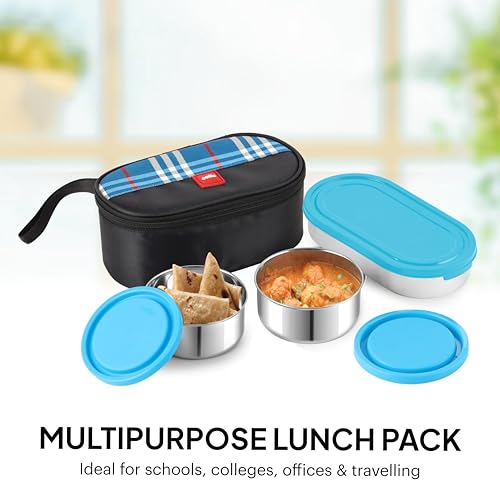 Image of CELLO MF Trent Plus Lunch Box with Bag for Office, Blue | 300ml x 2 Steel Containers, 500ml Oval Plastic Containers, Leak Proof Airtight Snap Lock Lid Tiffin Box Set for School Kids, College & Travel