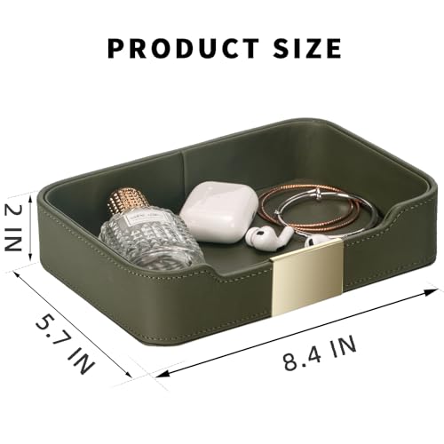 Image of SANZIE Luxury Leather Decorative Tray with Gold Hardware, Catchall Organizer ,Practical Tray for Watch,Keys,Phone,Wallet,Glasses,Coins,Office Equipment,Sideboard Storage hold Accessories (Green)