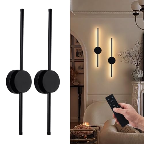 Image of Rechargeable Battery Operated Wall Sconce Set of 2, LED Cordless Wall Lamp with Remote Timer, Dimmable 3-Color Accent Lights for Dining Living Room, Bedroom, Hallway, Bathroom, Doorway - Black